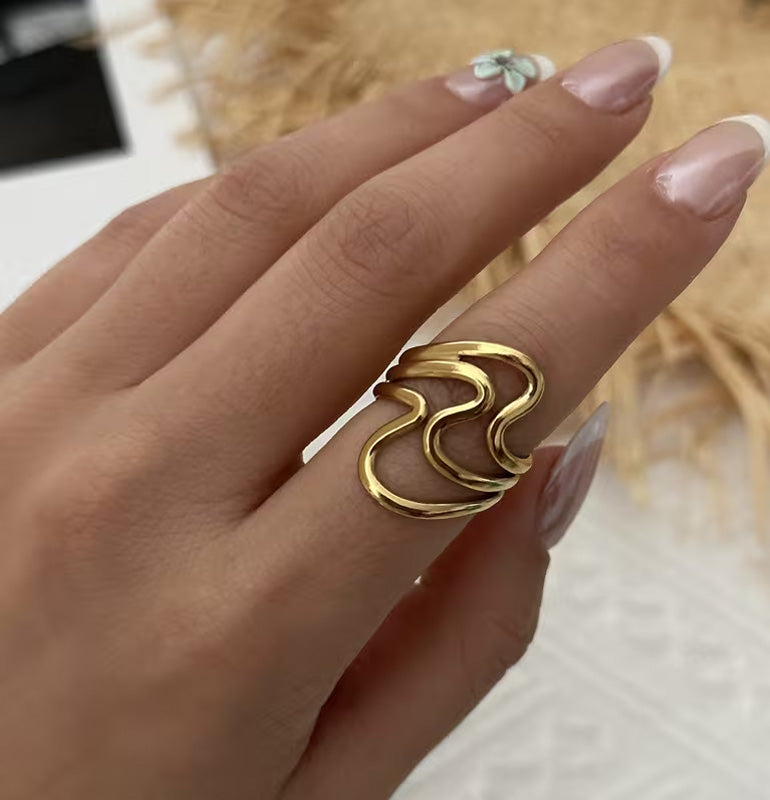 Rostfritt stål vintage gyllene lövtextur ring