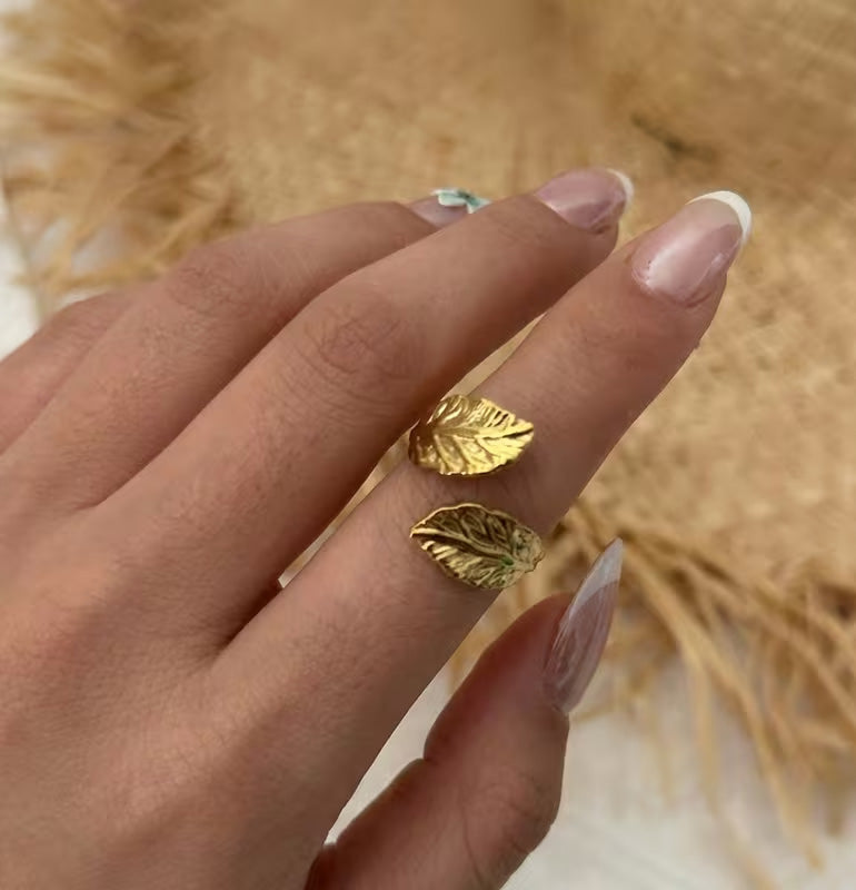 Rostfritt stål vintage gyllene lövtextur ring