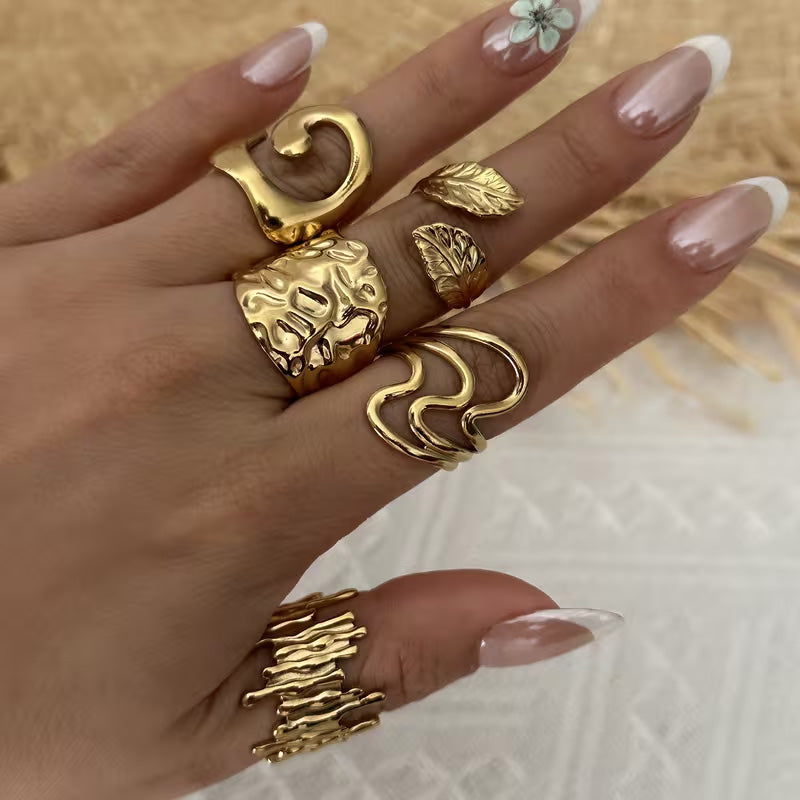 Rostfritt stål vintage gyllene lövtextur ring