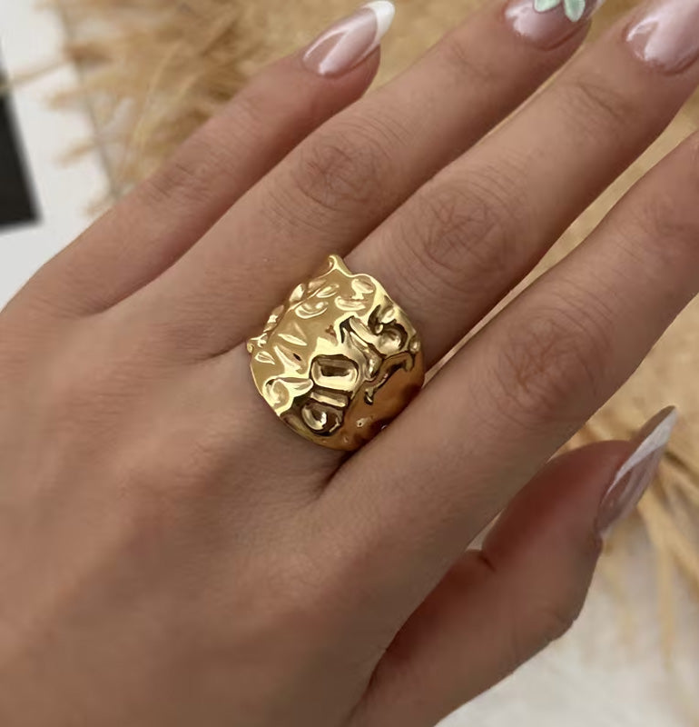 Rostfritt stål vintage gyllene lövtextur ring