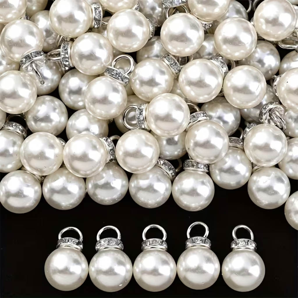 8 mm Vita Glansiga Akryl Runda Pärlor med Gnistrande Strass